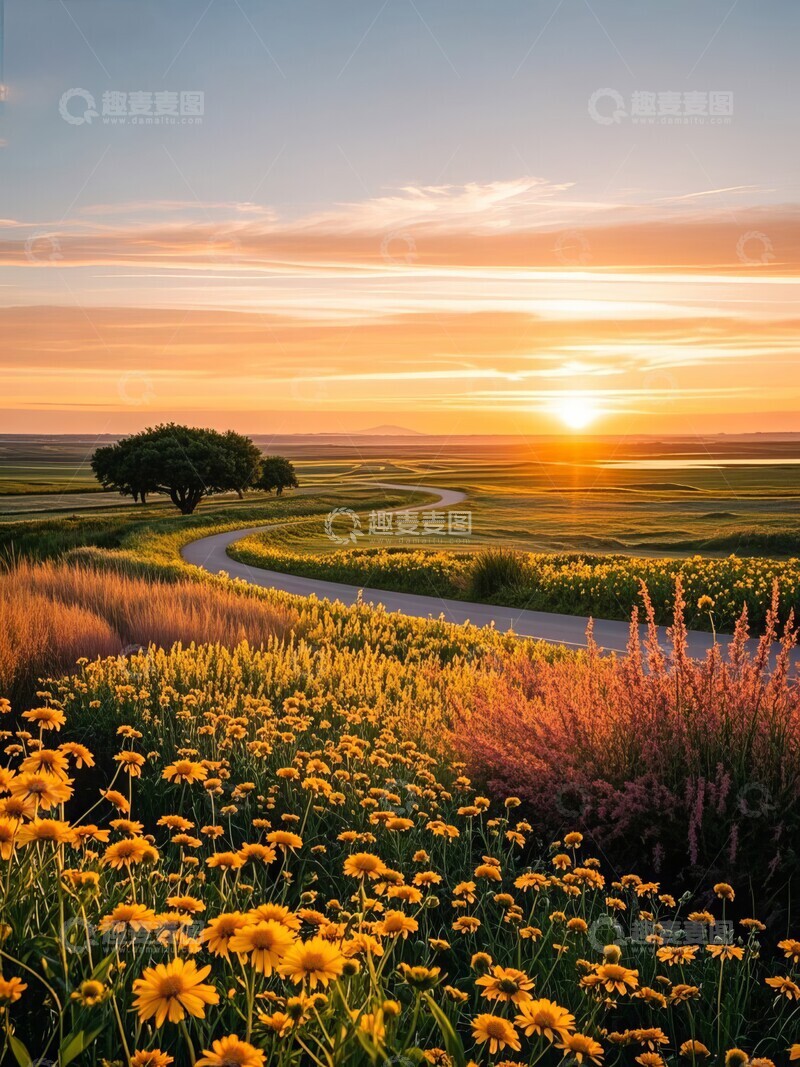 高清大图下载【趣麦麦图】户外公路野花落日风景