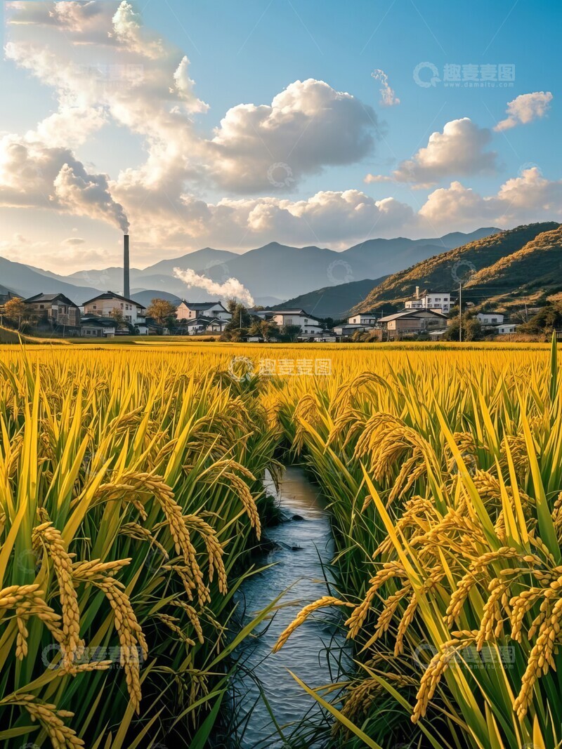 高清大图下载【趣麦麦图】秋天丰收麦田村庄晴天