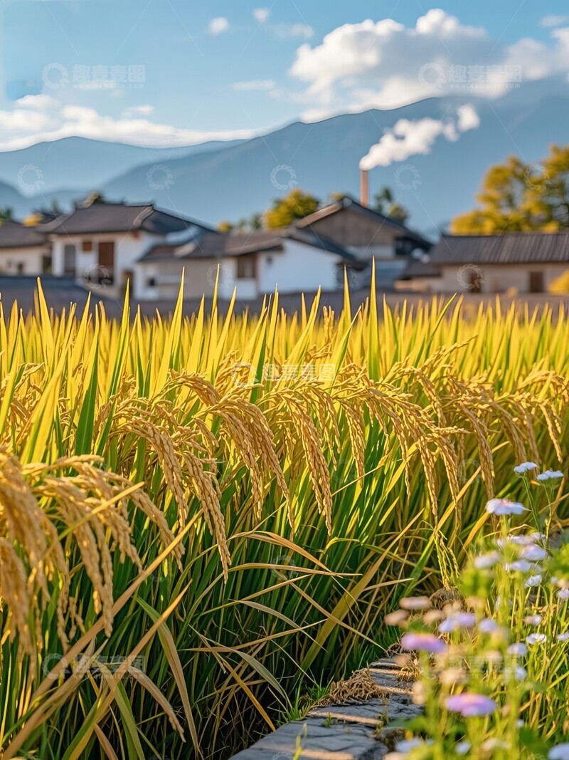 高清大图下载【趣麦麦图】秋天丰收麦田村庄
