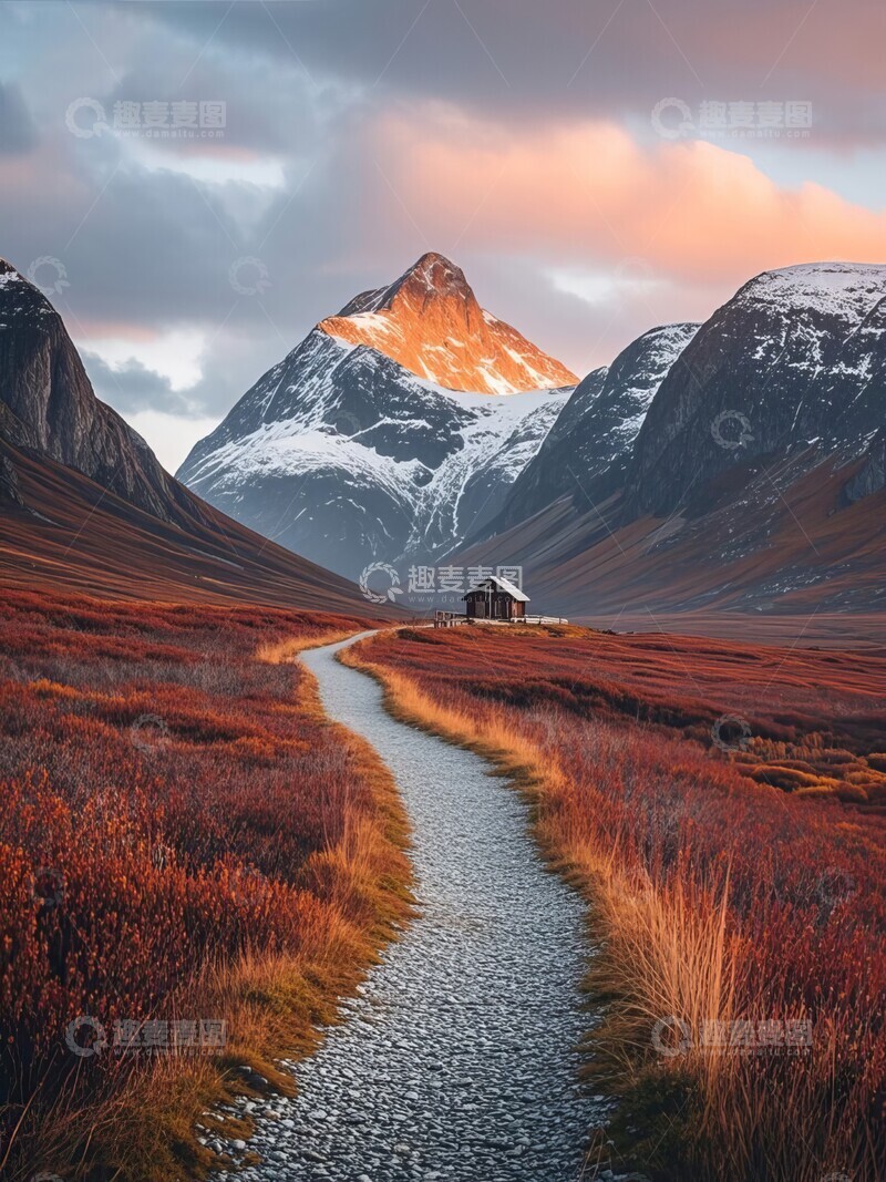 高清大图下载【趣麦麦图】自然景观雪山落日木屋晚霞