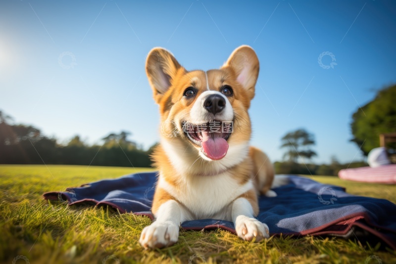 高清大图下载【趣麦麦图】可爱的小柯基趴在草坪上