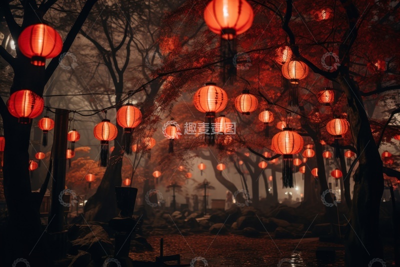 高清大图下载【趣麦麦图】挂满红灯笼的公园大树