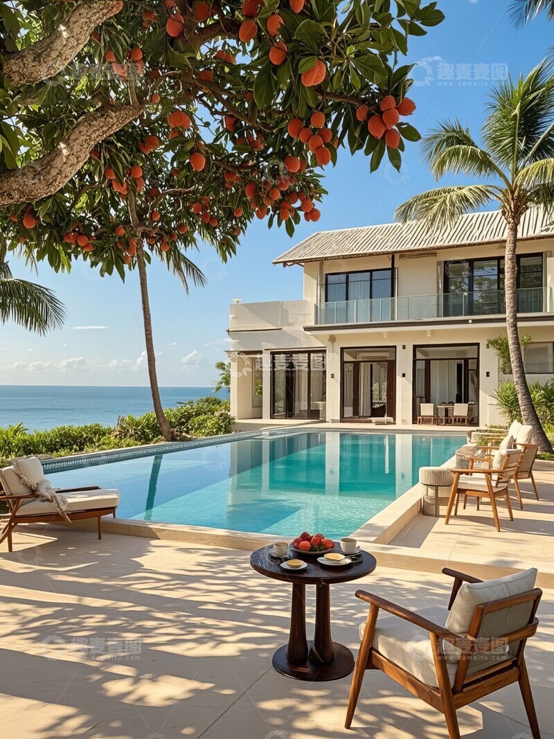 高清大图下载【趣麦麦图】海景房度假旅行户外游泳池躺椅