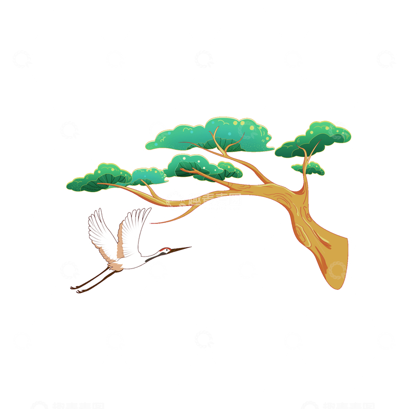 源文件下载【趣麦麦图】彩绘松树树木树枝飞鹤白鹿鸟类
