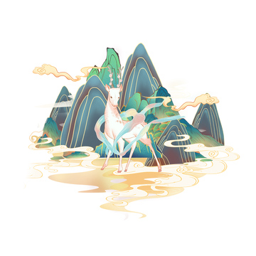 彩绘山峰高峰祥云卷云白鹿