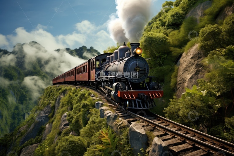 高清大图下载【趣麦麦图】山崖上行驶的火车