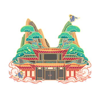 彩绘寺庙道观门楼松树山峰祥云