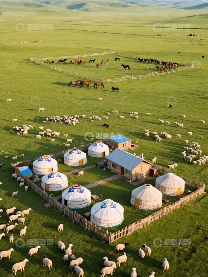 高清大图下载【趣麦麦图】草原蒙古包风景俯瞰图