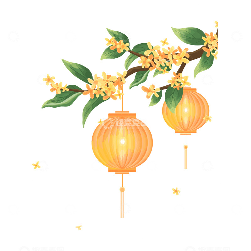 源文件下载【趣麦麦图】中秋节桂花绿叶树枝灯笼花灯