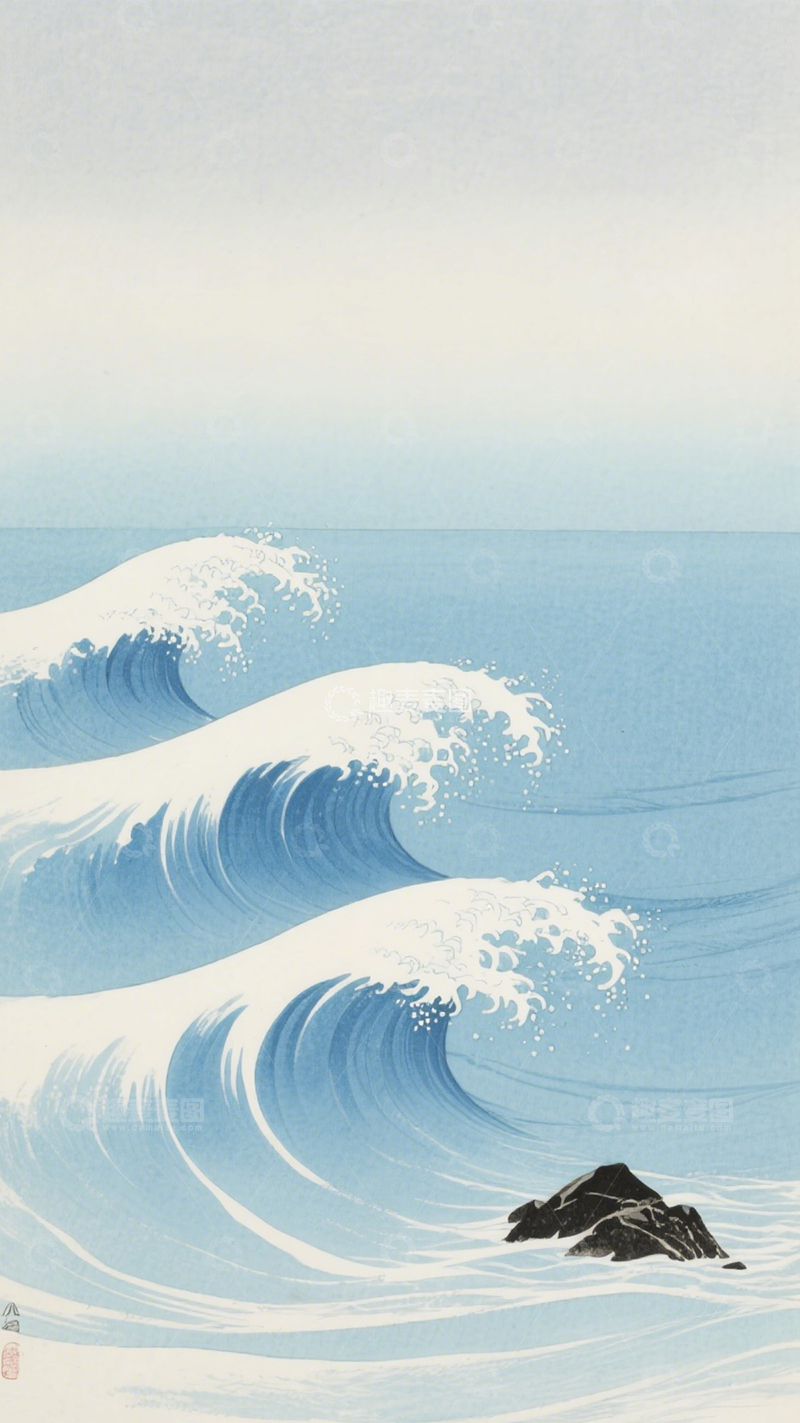 高清大图下载【趣麦麦图】海浪岩礁日式版画壁纸3