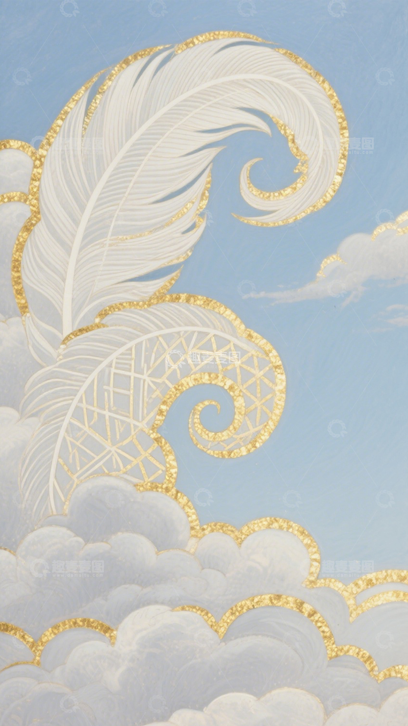 高清大图下载【趣麦麦图】国风金云羽毛插画壁纸1