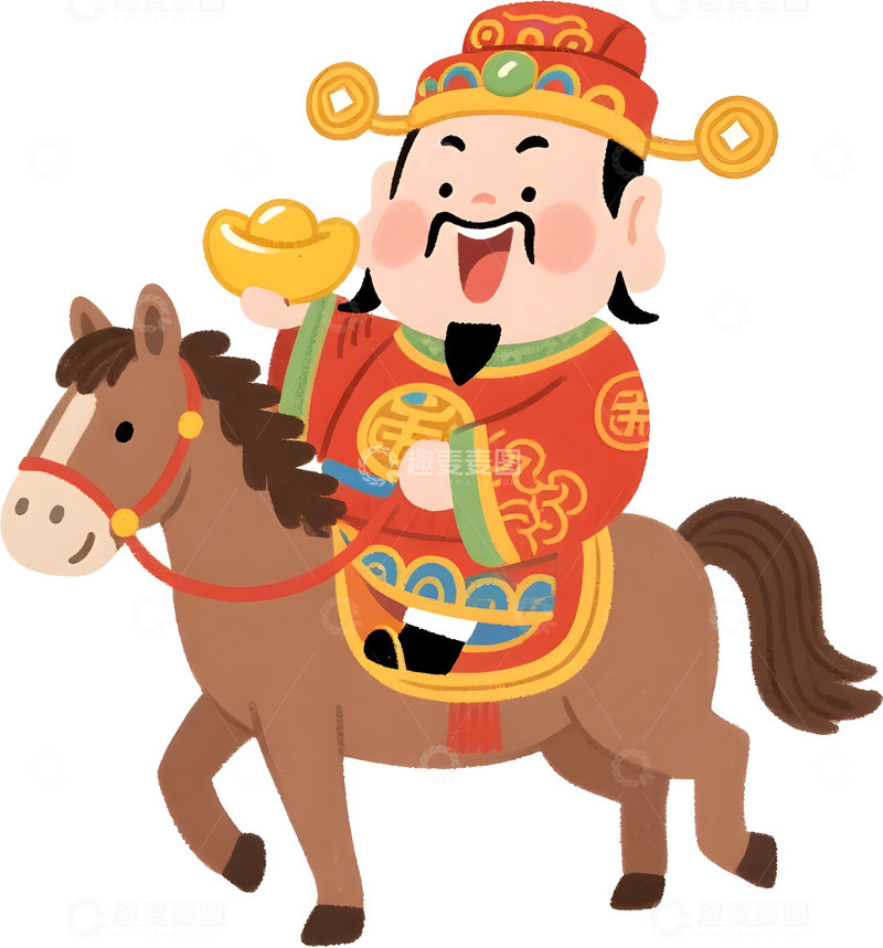 高清大图下载【趣麦麦图】喜庆马年财神爷拿着元宝