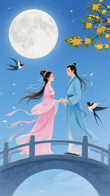 七夕情人节唯美插画海报