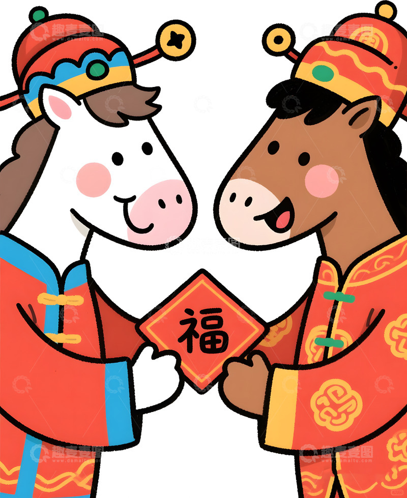 高清大图下载【趣麦麦图】马年喜庆卡通插画