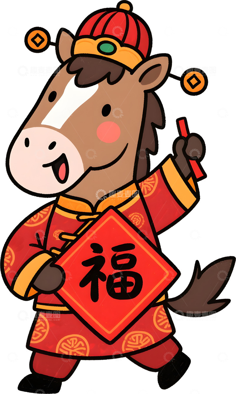 高清大图下载【趣麦麦图】马年春节喜庆卡通插画