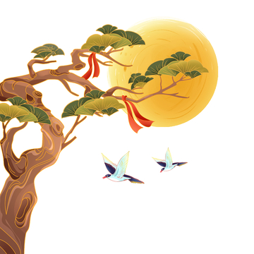 彩绘卡通松树松枝树木月亮喜鹊