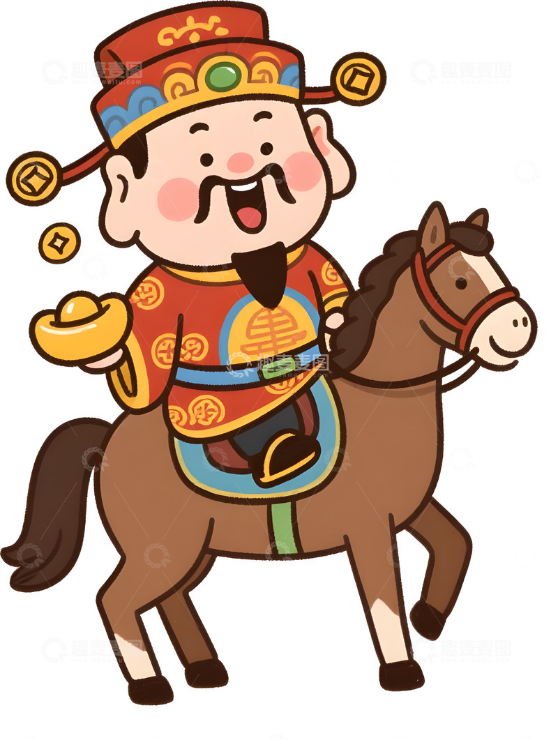 高清大图下载【趣麦麦图】卡通骑着马的财神爷