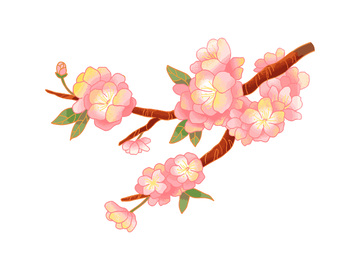 彩绘卡通桃花花朵花苞绿叶树枝花枝