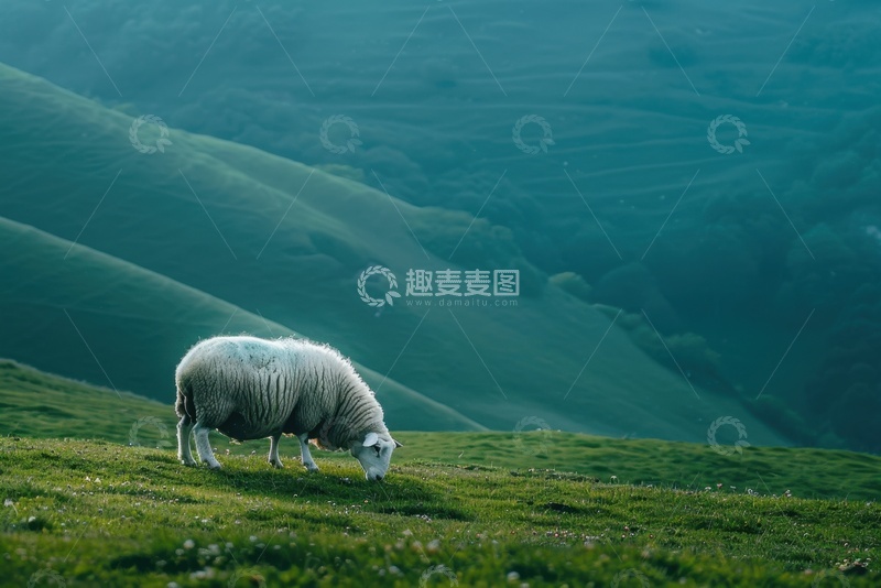 高清大图下载【趣麦麦图】山坡上吃草的绵羊