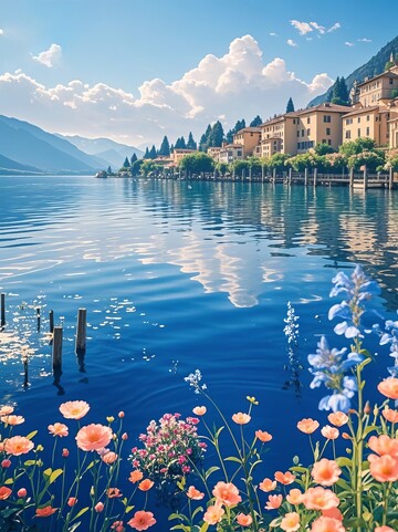 欧洲山川湖边建筑旅游景点