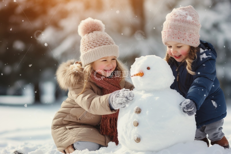 冬季堆雪人的小孩子们