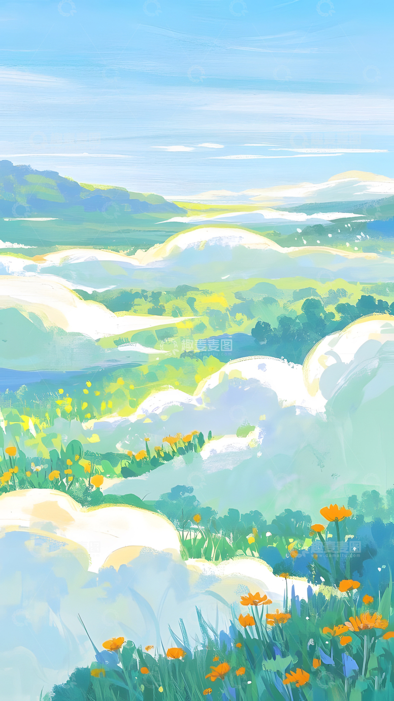 高清大图下载【趣麦麦图】蓝天草地风景油画装饰插画