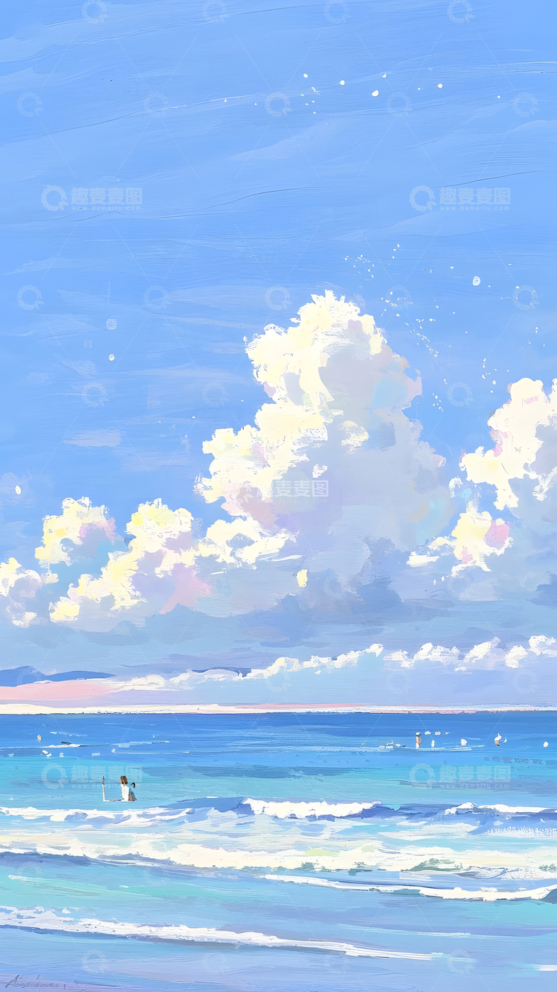 高清大图下载【趣麦麦图】蓝天白云风景油画装饰插画