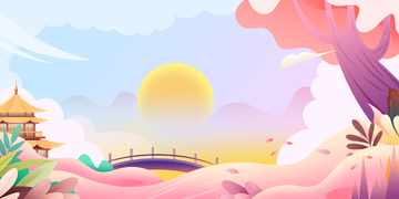 七夕情人节背景树木云朵拱桥楼阁