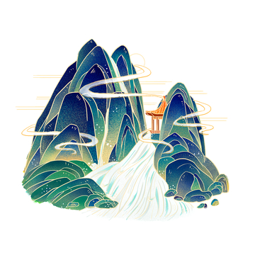 彩绘卡通山峰山谷祥云河流瀑布