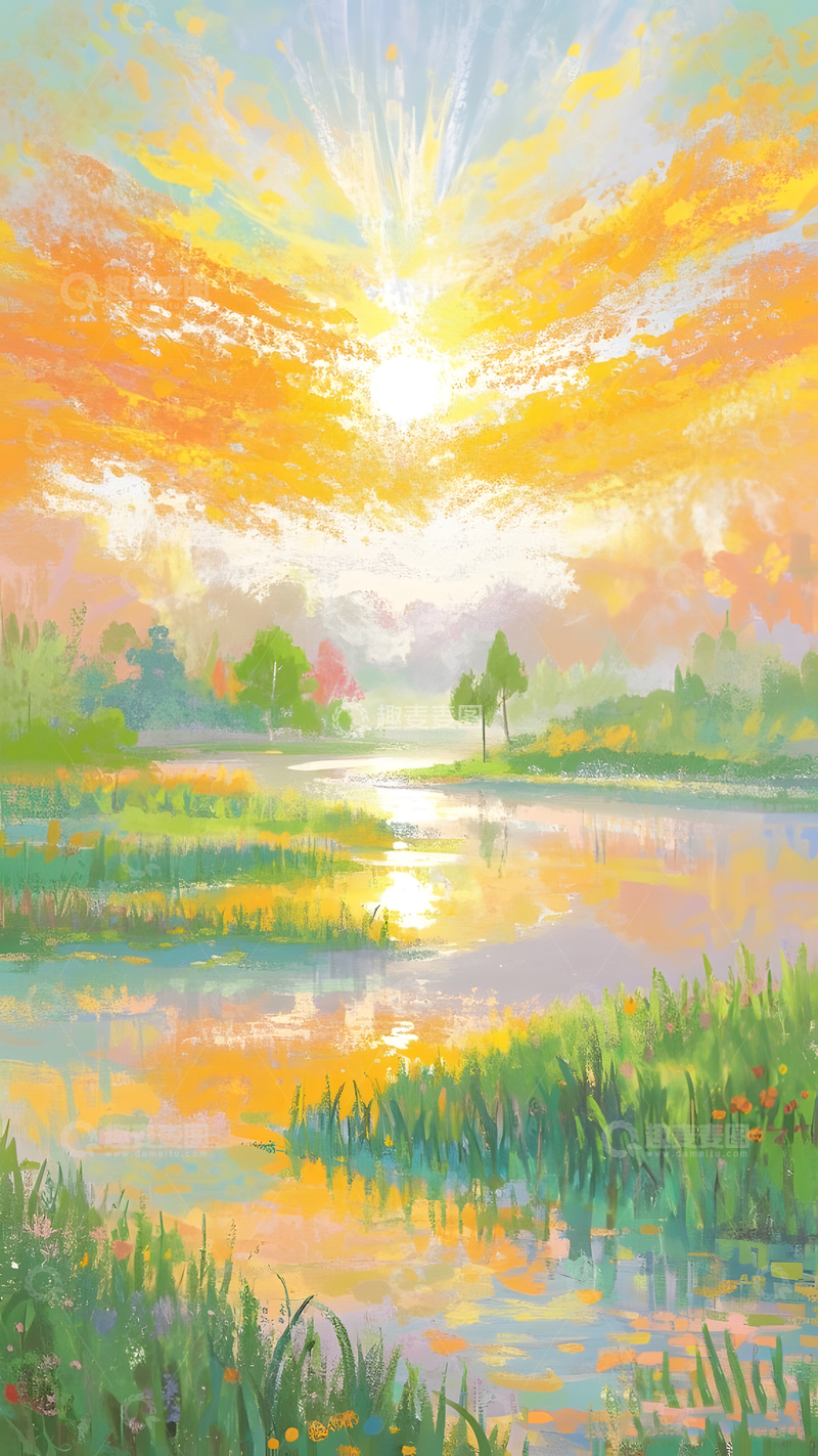高清大图下载【趣麦麦图】日出风景油画装饰插画
