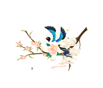 七夕情人节喜鹊桃花祥云花朵鸟类