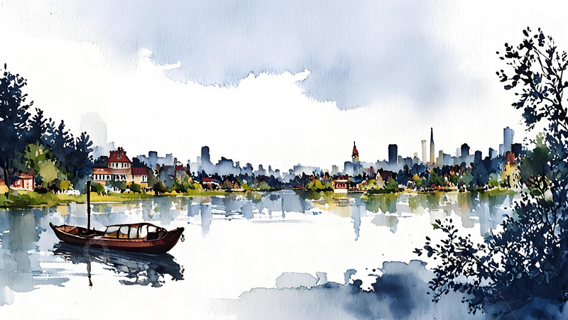 高清大图下载【趣麦麦图】湖面小船树木天空山野高山水墨画手机壁纸