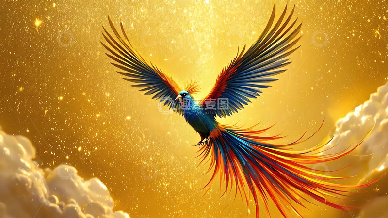 高清大图下载【趣麦麦图】凤凰紫色金色鸟类天空桌面壁纸