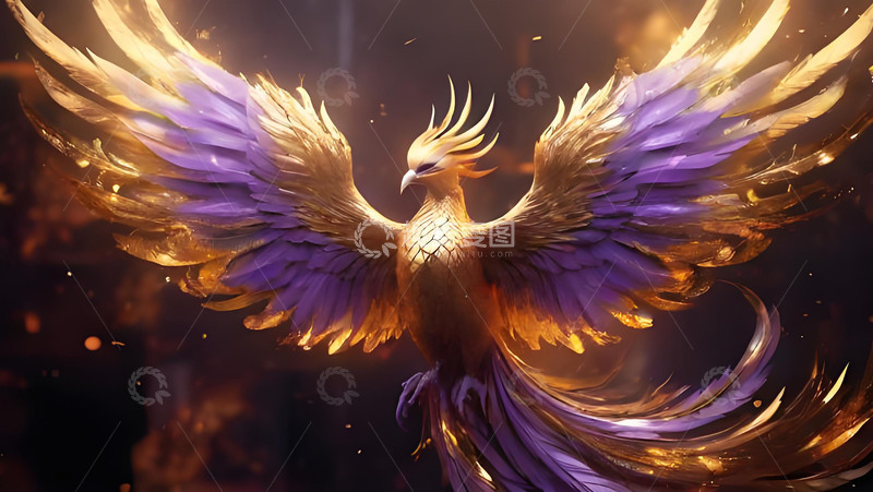 高清大图下载【趣麦麦图】凤凰紫色金色鸟类天空桌面壁纸