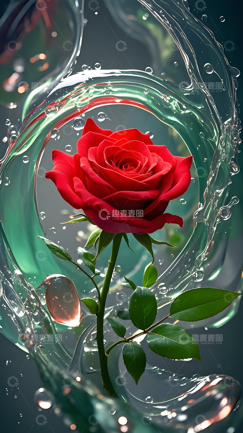 高清大图下载【趣麦麦图】红色玫瑰花水纹水滴光影高清摄影图
