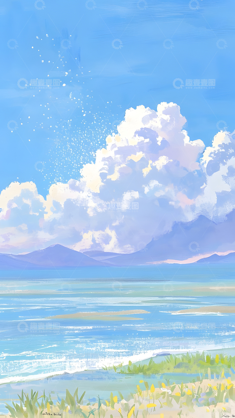 高清大图下载【趣麦麦图】蓝天风景油画装饰插画