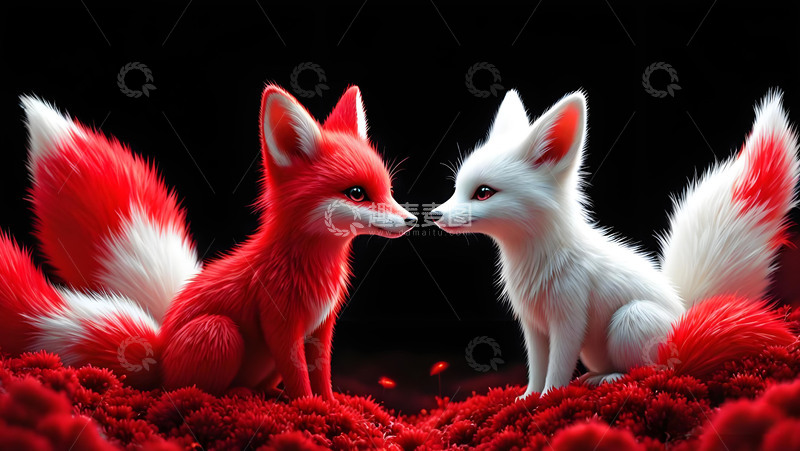 高清大图下载【趣麦麦图】狐狸白狐红狐九尾狐情侣可爱动物桌面壁纸