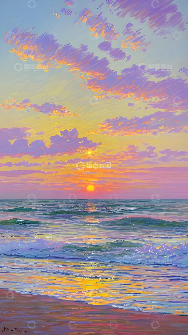高清大图下载【趣麦麦图】鲜花花园天空夕阳花卉落日余晖油画手机壁纸