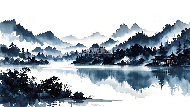 高清大图下载【趣麦麦图】湖面小船树木天空山野高山水墨画手机壁纸