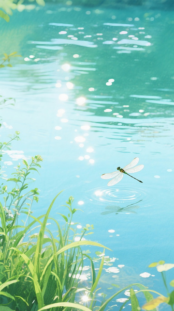 水边绿草蜻蜓夏天