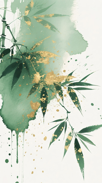 竹林山水背泼墨绿色
