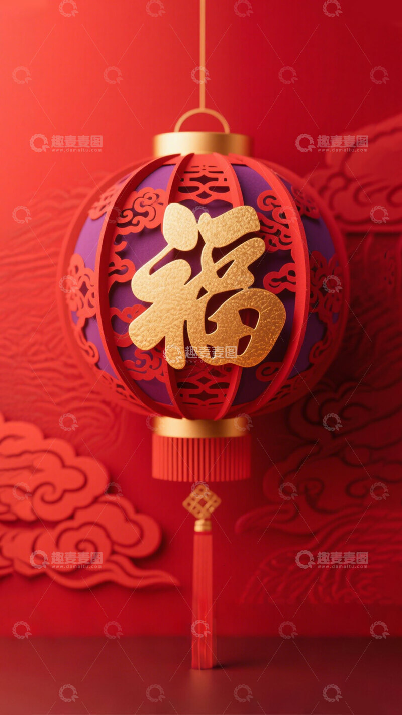 高清大图下载【趣麦麦图】-红色喜庆春节灯笼福字手机壁纸海报