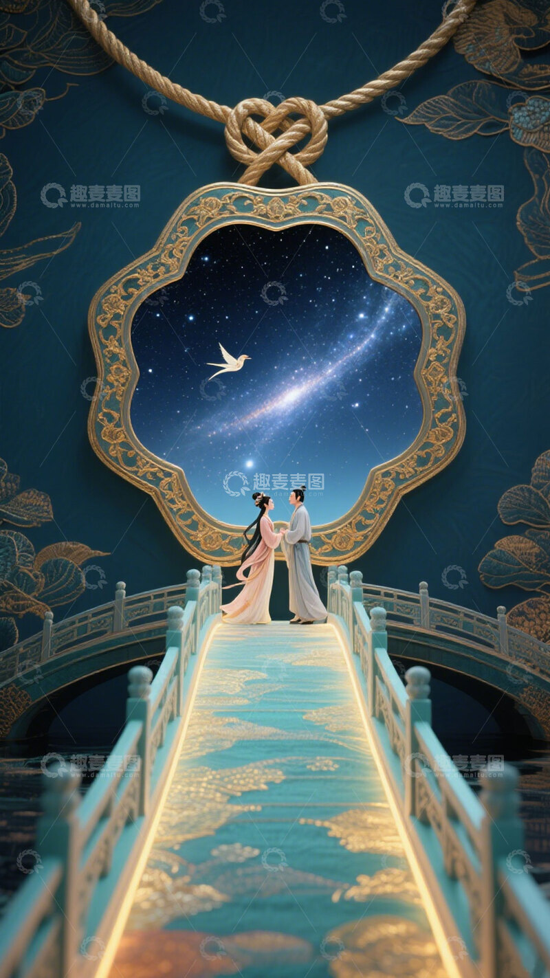 高清大图下载【趣麦麦图】深蓝七夕鹊桥菱花镜手机壁纸海报