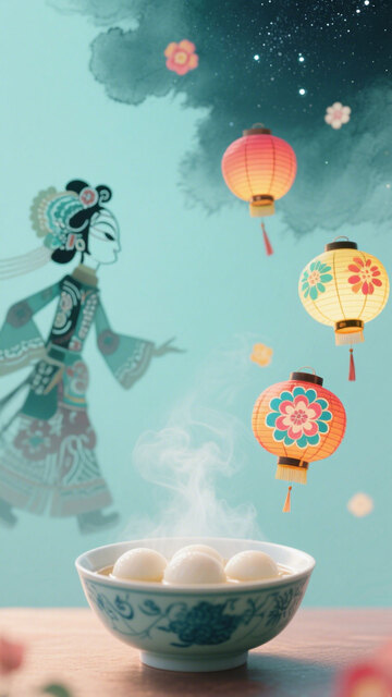 绿色水墨皮影戏人物灯笼元宵节手机壁纸海报