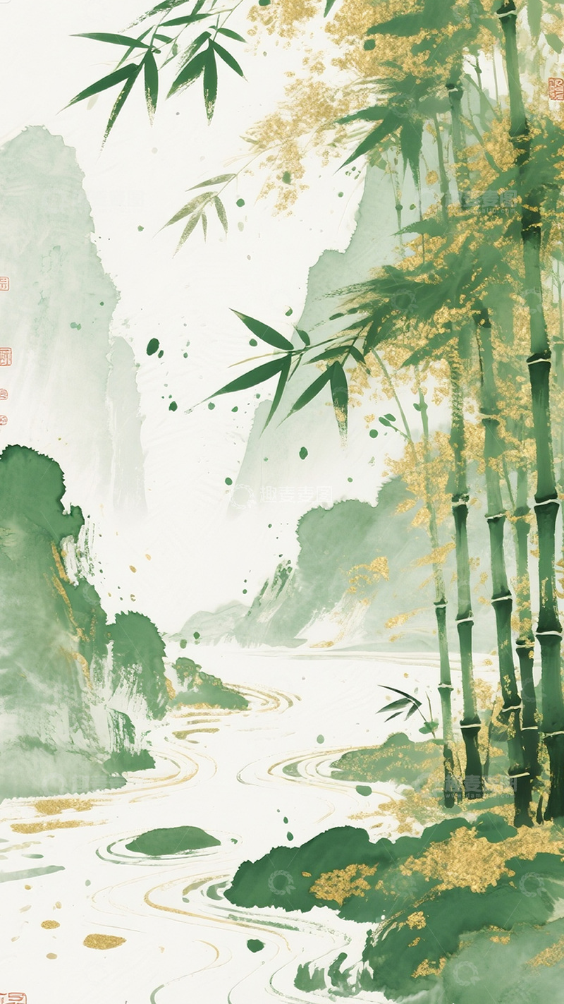 高清大图下载【趣麦麦图】竹林山水背景图素材绿色