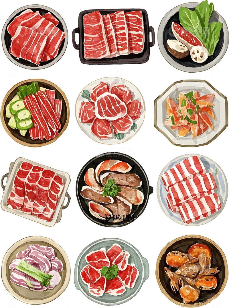 高清大图下载【趣麦麦图】-火锅肉类配菜素材插画