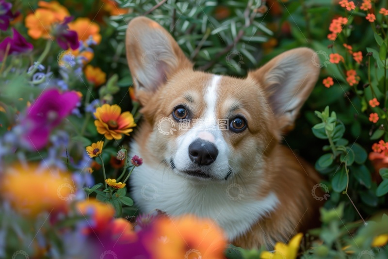 高清大图下载【趣麦麦图】花丛中的可爱小柯基