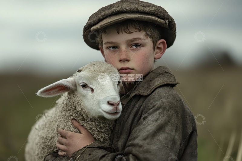 高清大图下载【趣麦麦图】抱着小羊的可爱男孩