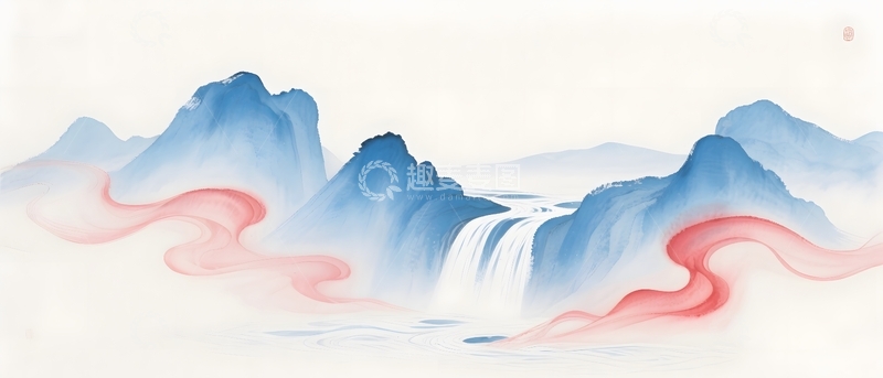 高清大图下载【趣麦麦图】中式山水背景插画