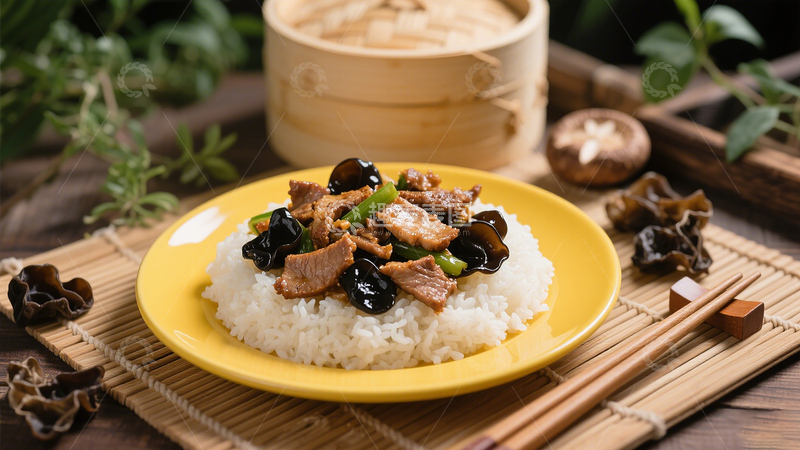 家常美味食品餐饮美食摄影木耳青椒肉片盖饭
